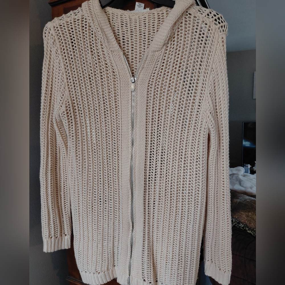 Forever 21 Cream Open-Knit Zip Up Cardigan